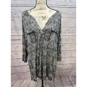 Womens Black White Paisley Damask V-Neck Long Sleeve Tunic Blouse Top